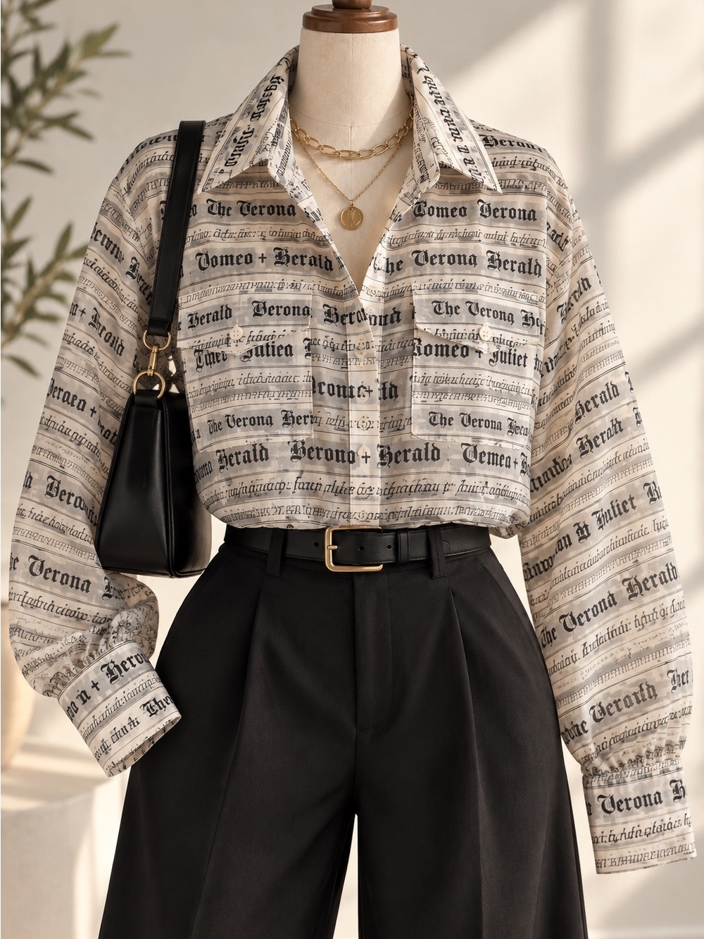 Forever 21 Cream and Black Newsprint Button-Down Shirt